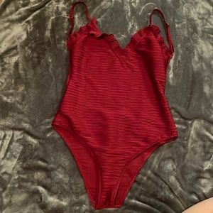 Burgundy rubbed backless one piece with fringe